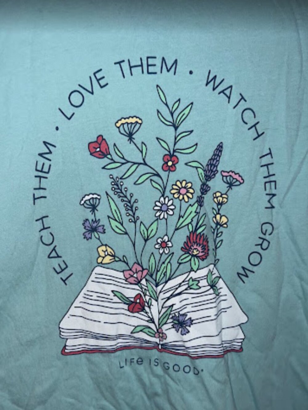 Life is Good Floral & Books T-shirt, Blue - Size Small